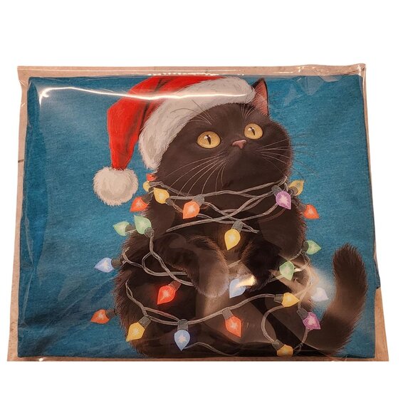 Black Cat Christmas Lights T-Shirt – Cute Holiday Kitty Santa Hat Tee – Funny Fe - Picture 7 of 7